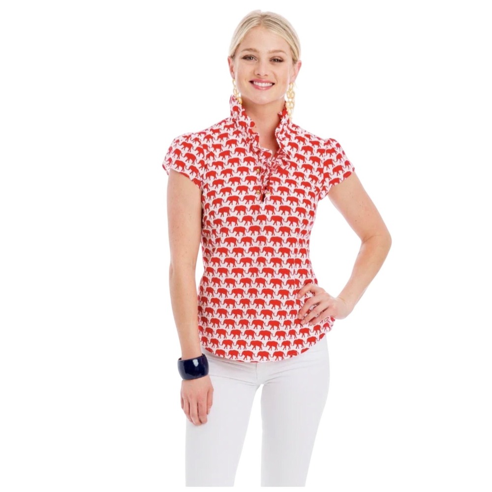 Elizabeth Mckay all over‎ elephant print red white blouse preppy button size 4